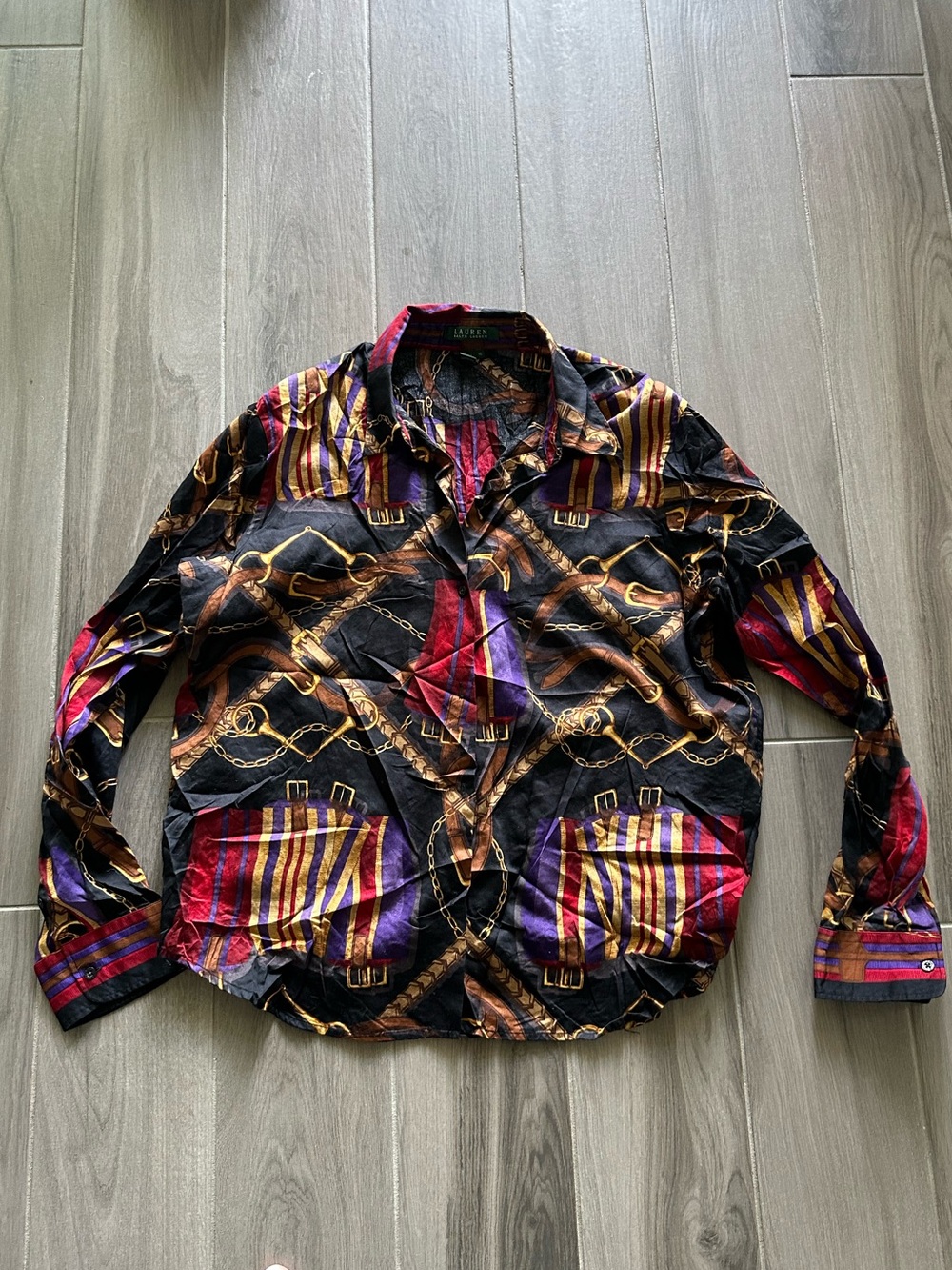 Ralph Lauren Black Button-Up Jacket with Red Purple and Gold Print